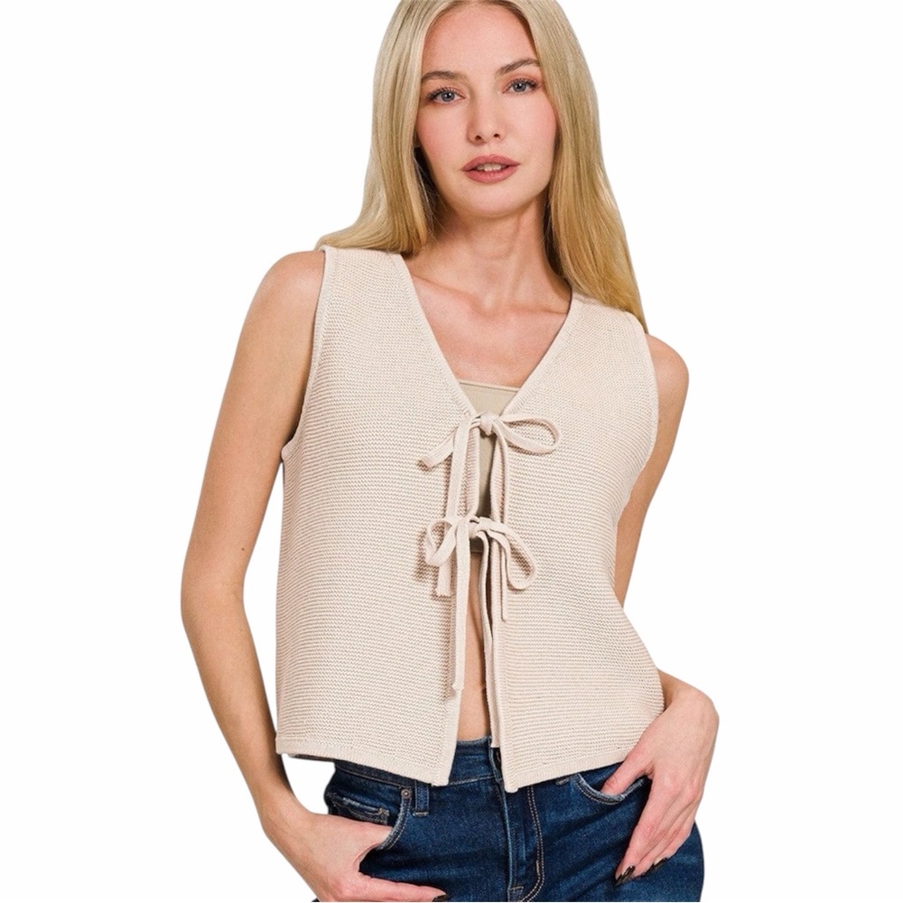 Zenana Tie Front Sweater Vest (Sand Beige)